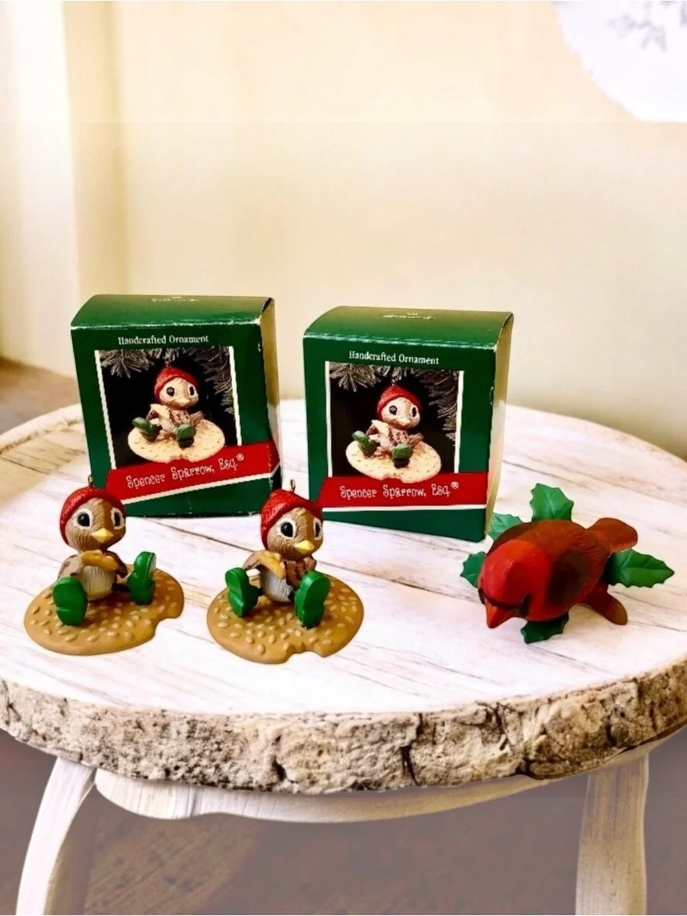 Hallmark Spencer Sparrow 1989 Christmas Keepsake Ornaments + Cardinal Bird AS IS